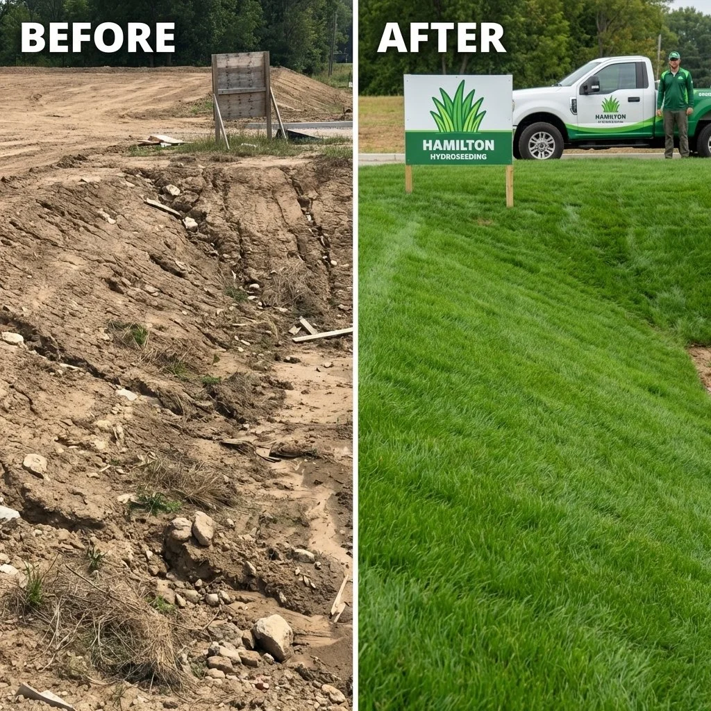 Hydroseeding Hamilton – dramatic before and after lawn transformation